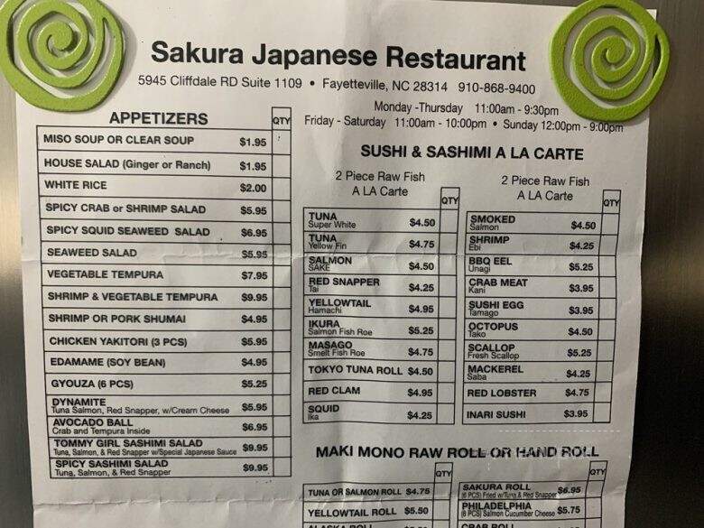 Sakura Restaurant - Fayetteville, NC menu_pic