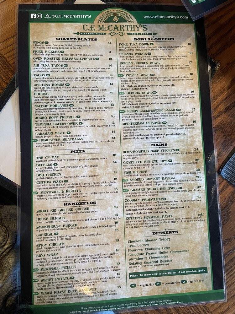C.F. McCarthy's - Canton, MA menu_pic