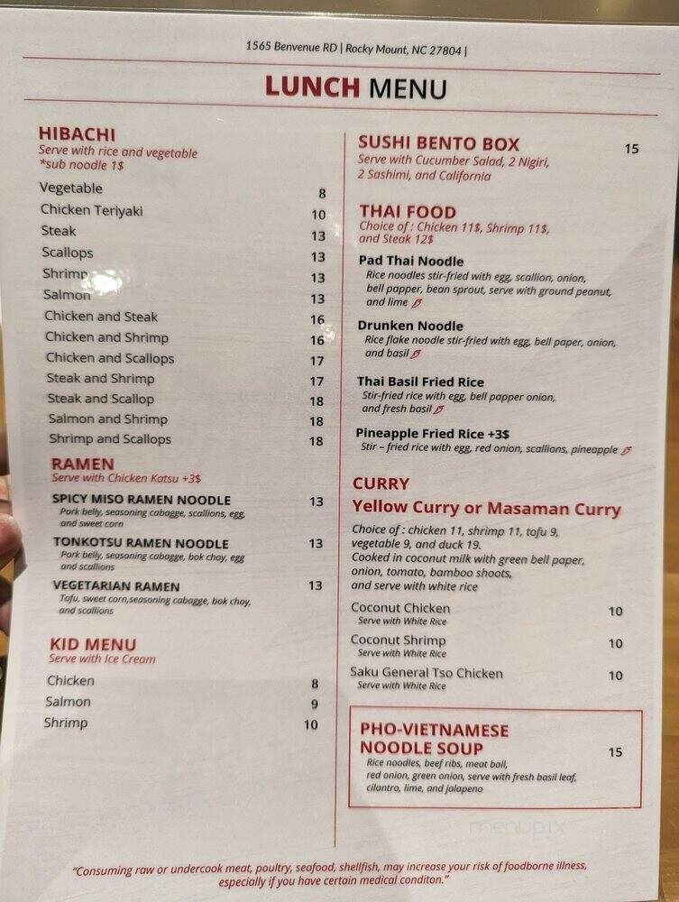 Saku Sushi Thai & Hibachi - Rocky Mount, NC menu_pic