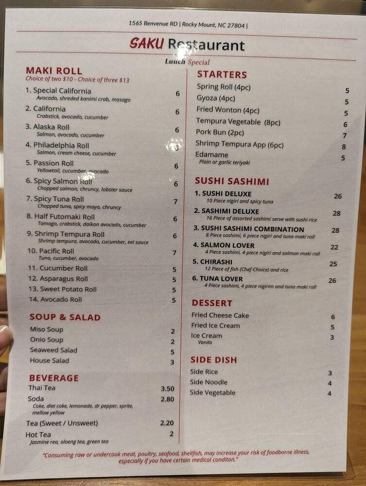 Saku Sushi Thai & Hibachi - Rocky Mount, NC menu_pic