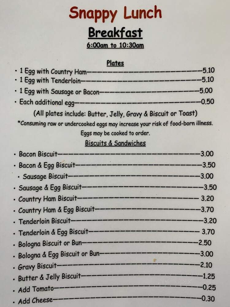 Snappy Lunch - Mount Airy, NC menu_pic