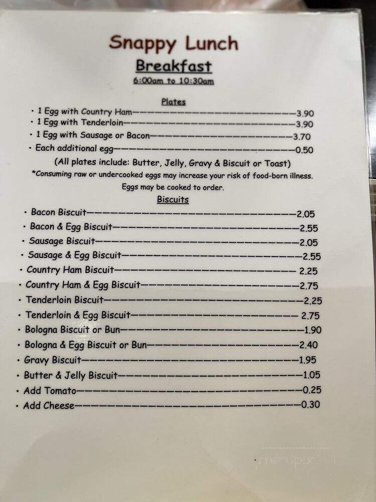 Snappy Lunch - Mount Airy, NC menu_pic