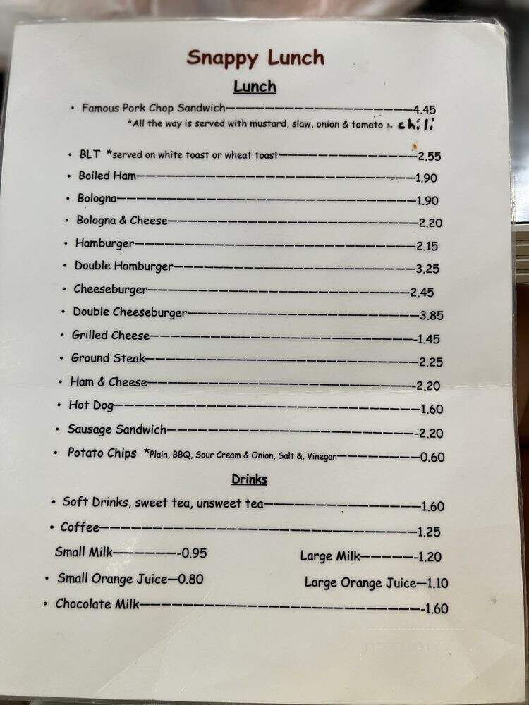 Snappy Lunch - Mount Airy, NC menu_pic