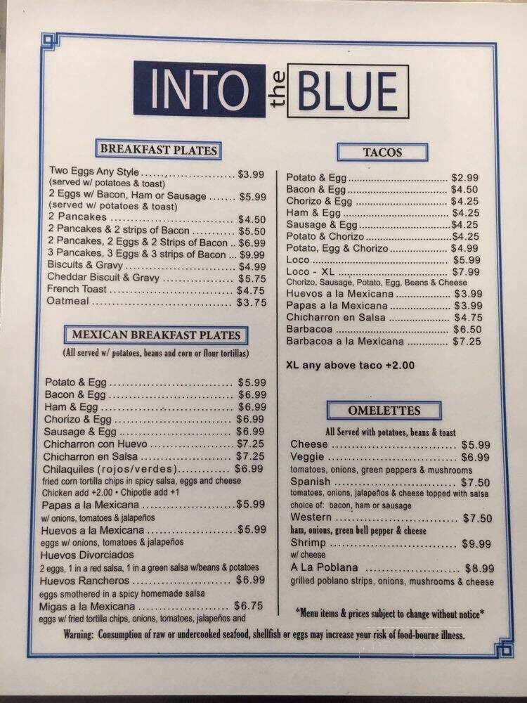 Into the Blue Restaurant - Port Isabel, TX menu_pic