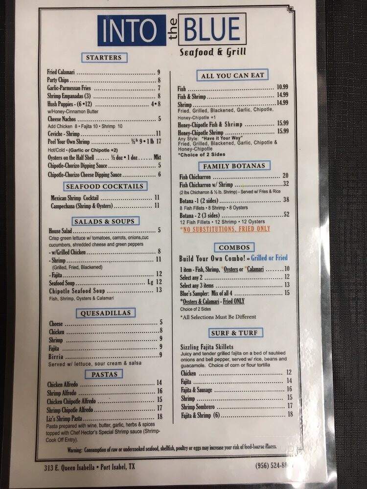 Into the Blue Restaurant - Port Isabel, TX menu_pic