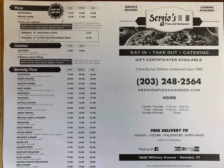 Sergio's Restaurant & Pizzeria - Hamden, CT menu_pic