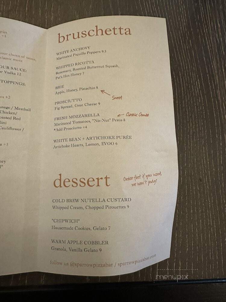 Sparrow Pizza Bar - West Hartford, CT menu_pic