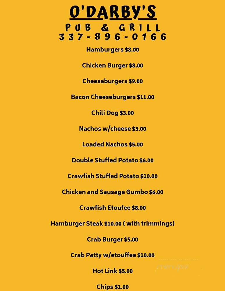 O'Darby's - Carencro, LA menu_pic