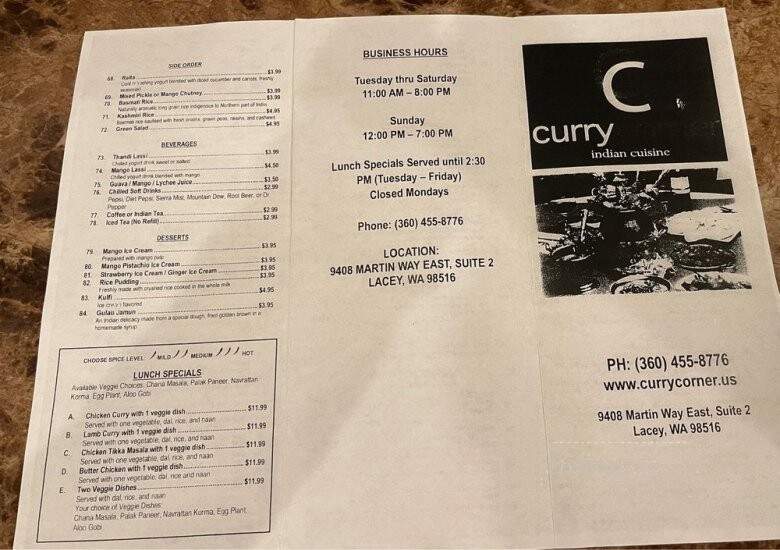Curry Corner - Lacey, WA menu_pic