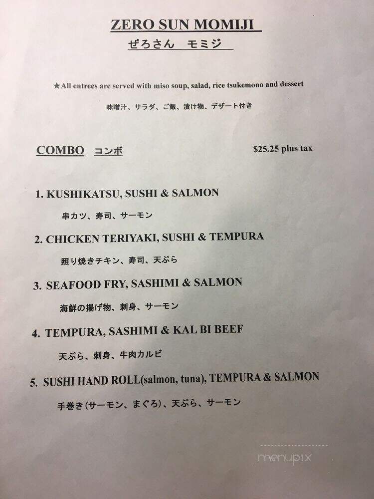 Zero Sun Momiji Japanese Restaurant - Scarborough, ON menu_pic