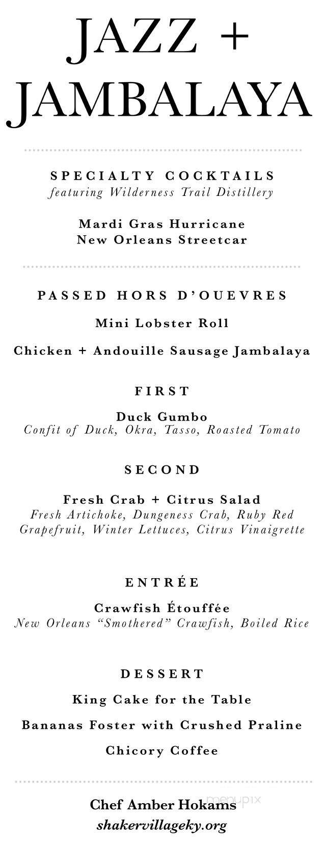 Shaker Village Of Pleasant Hl - Harrodsburg, KY menu_pic