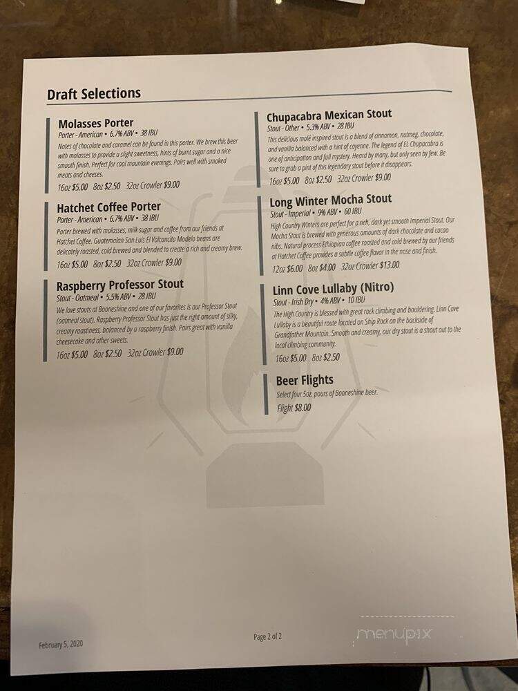 Booneshine Brewing - Boone, NC menu_pic