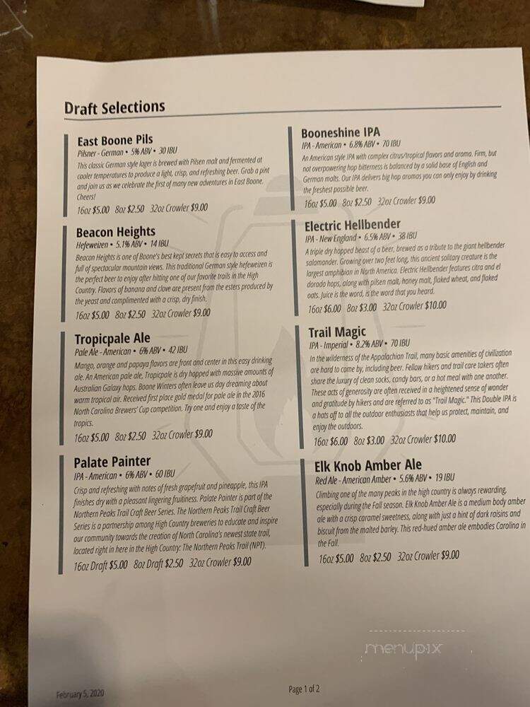 Booneshine Brewing - Boone, NC menu_pic