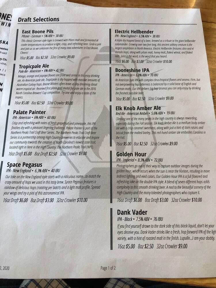 Booneshine Brewing - Boone, NC menu_pic