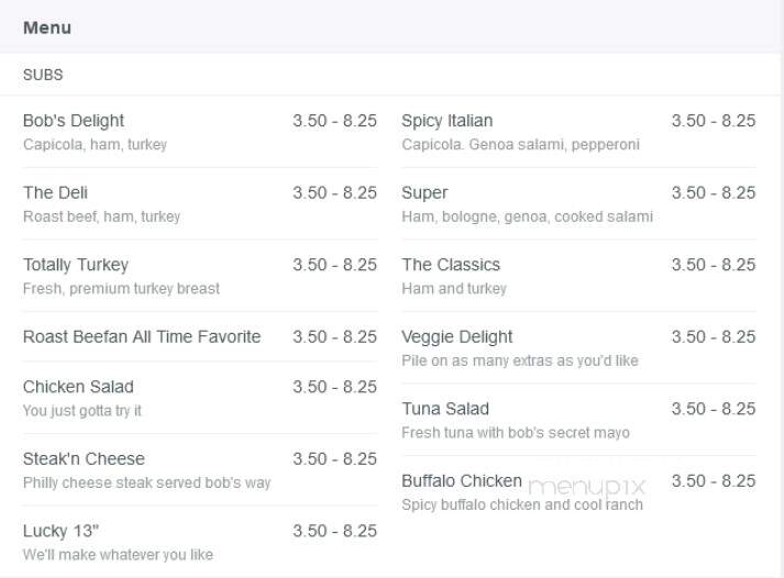 Bob's Sub - Indiana, PA menu_pic