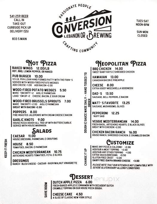Conversion Brewing - Lebanon, OR menu_pic