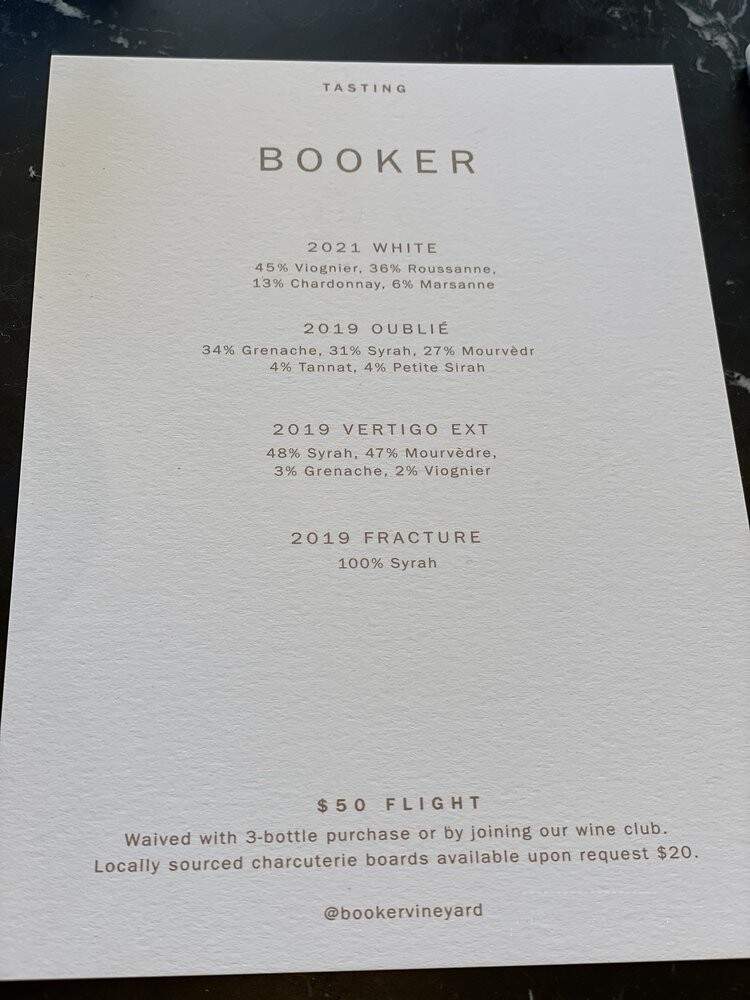 Booker Vineyard - Paso Robles, CA menu_pic