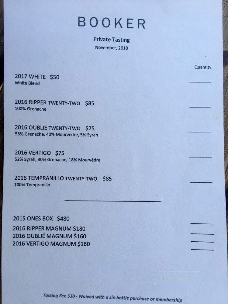 Booker Vineyard - Paso Robles, CA menu_pic
