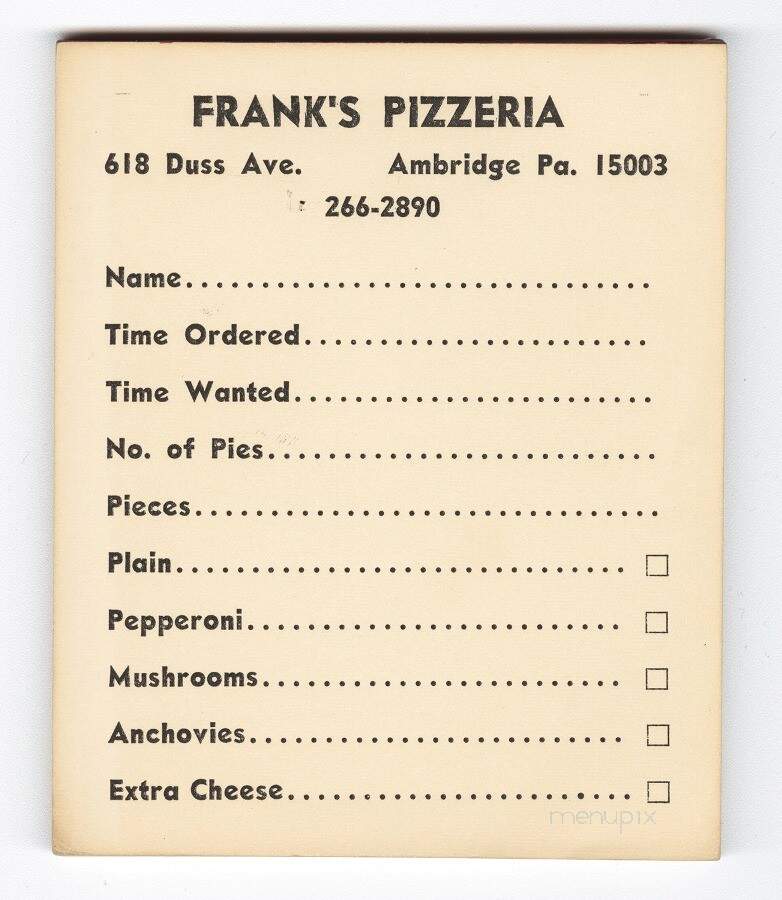 Frank's Pizzeria - Ambridge, PA menu_pic