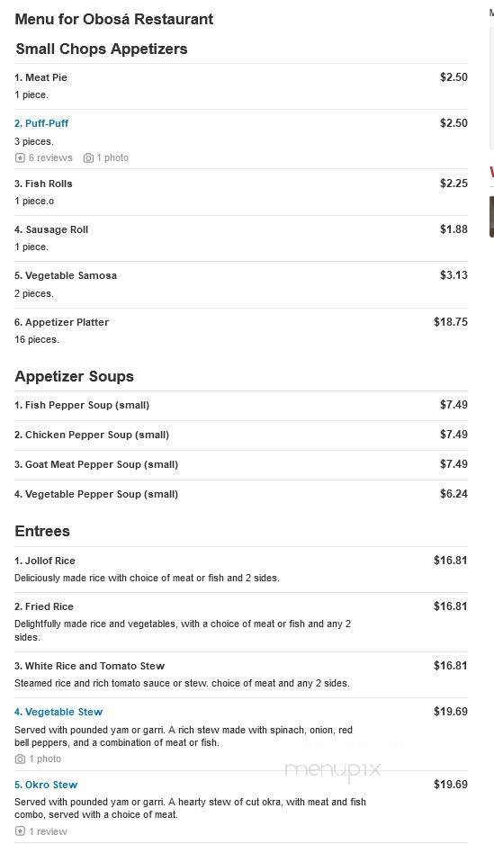 Obosa Restaurant - Roslindale, MA menu_pic