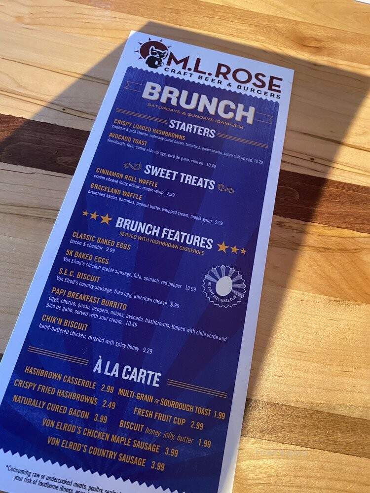 M.L.Rose Craft Beer & Burgers - Mt. Juliet, TN menu_pic