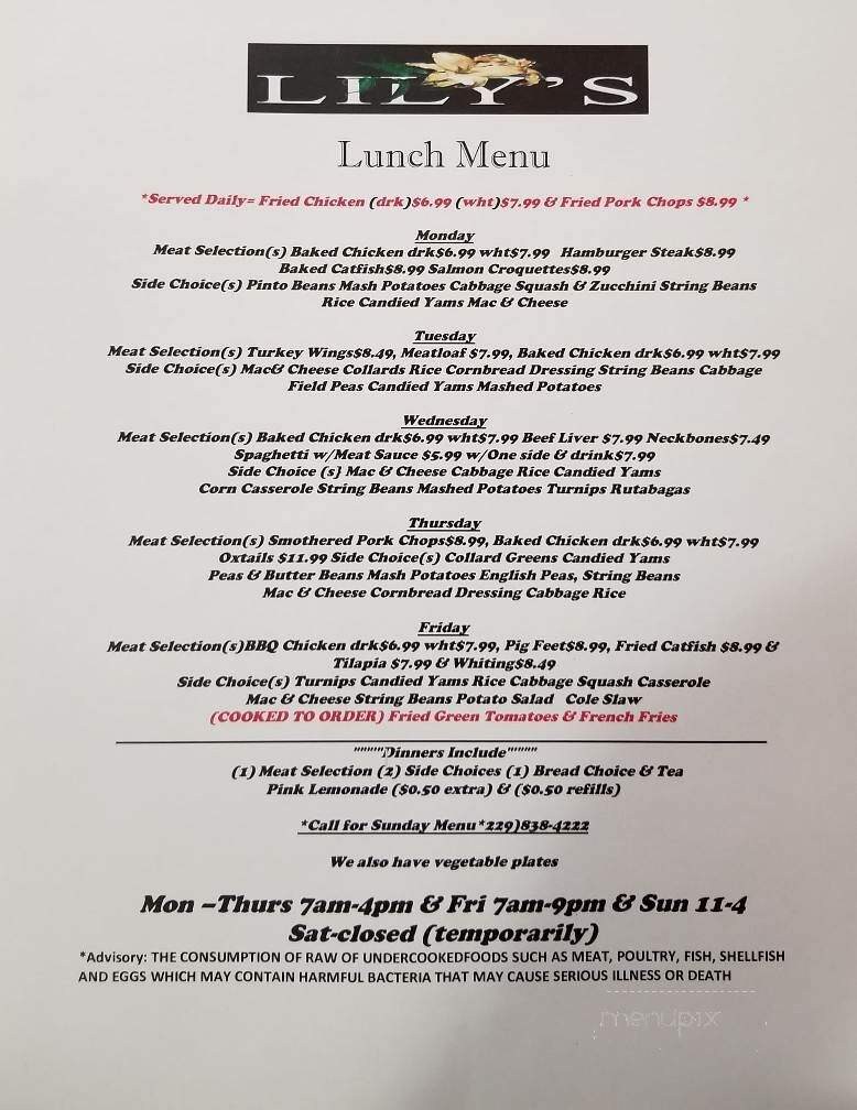 Lily's Restaurant and Catering - Lumpkin, GA menu_pic