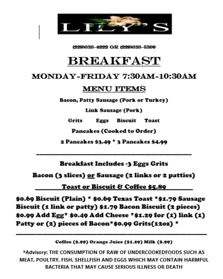 Lily's Restaurant and Catering - Lumpkin, GA menu_pic