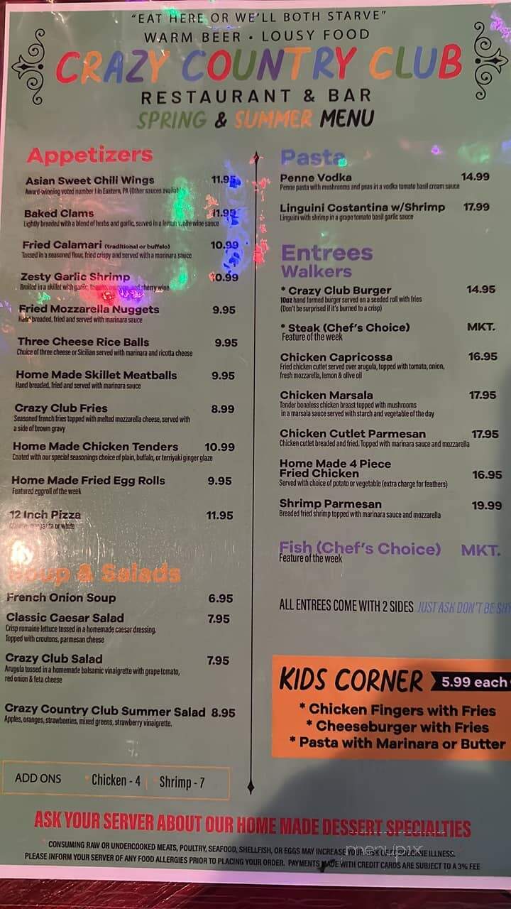 Crazy Country Club - Hawley, PA menu_pic