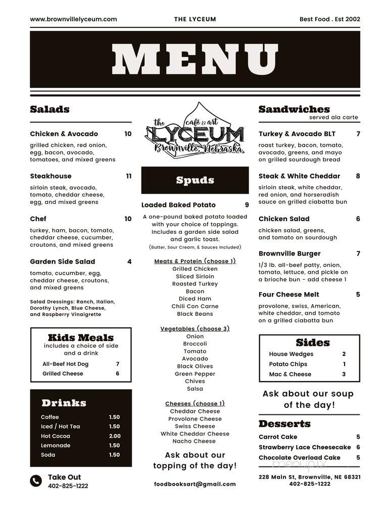 The Brownville Lyceum Cafe - Brownville, NE menu_pic