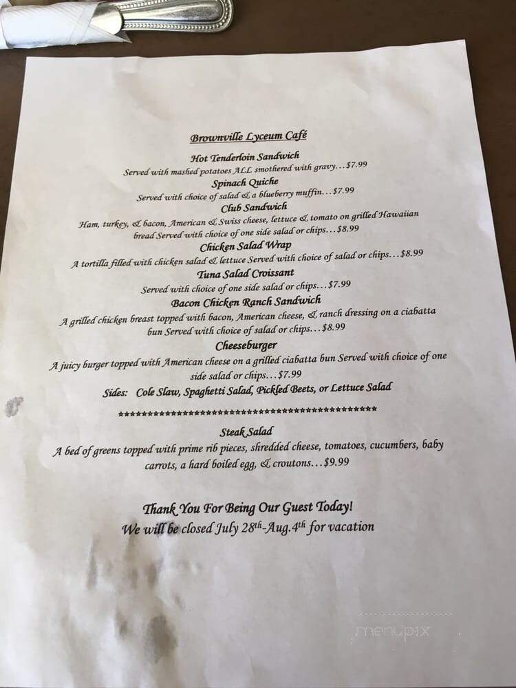 The Brownville Lyceum Cafe - Brownville, NE menu_pic