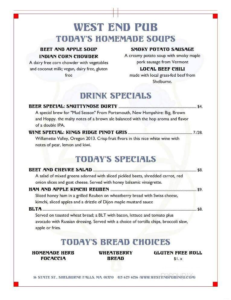 West End Pub - Shelburne Falls, MA menu_pic