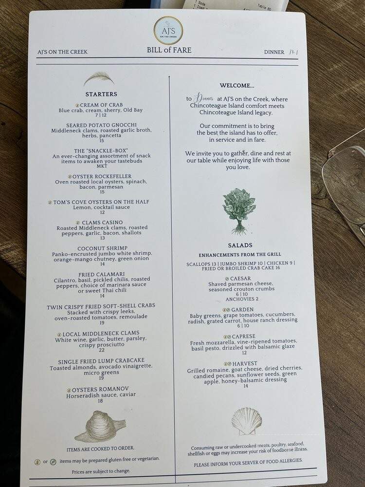 A J's On The Creek Restaurant - Chincoteague, VA menu_pic