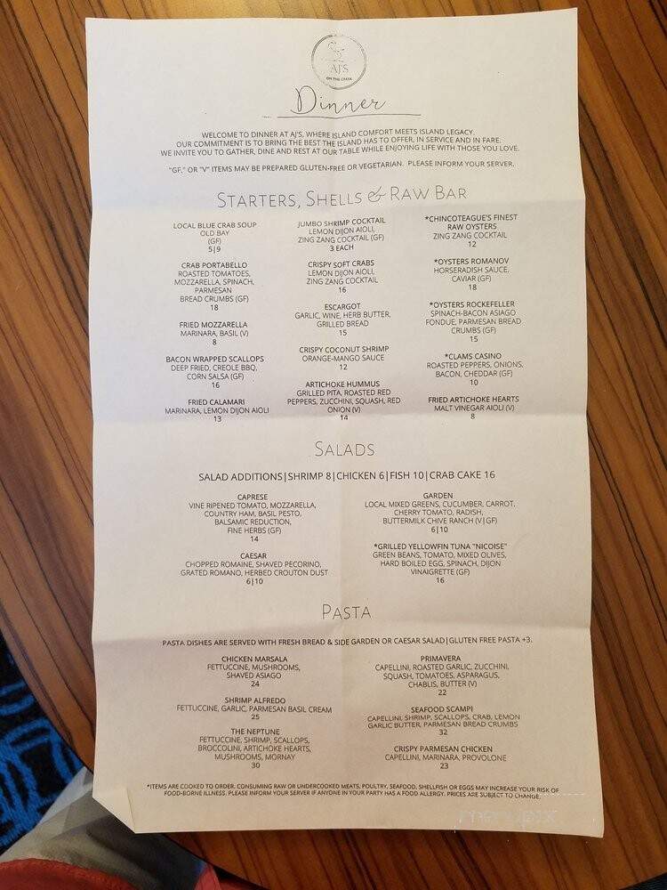 A J's On The Creek Restaurant - Chincoteague, VA menu_pic