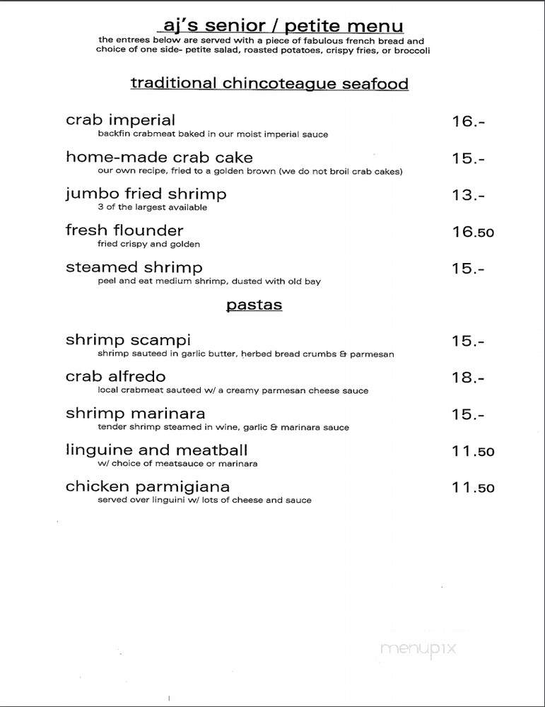 A J's On The Creek Restaurant - Chincoteague, VA menu_pic