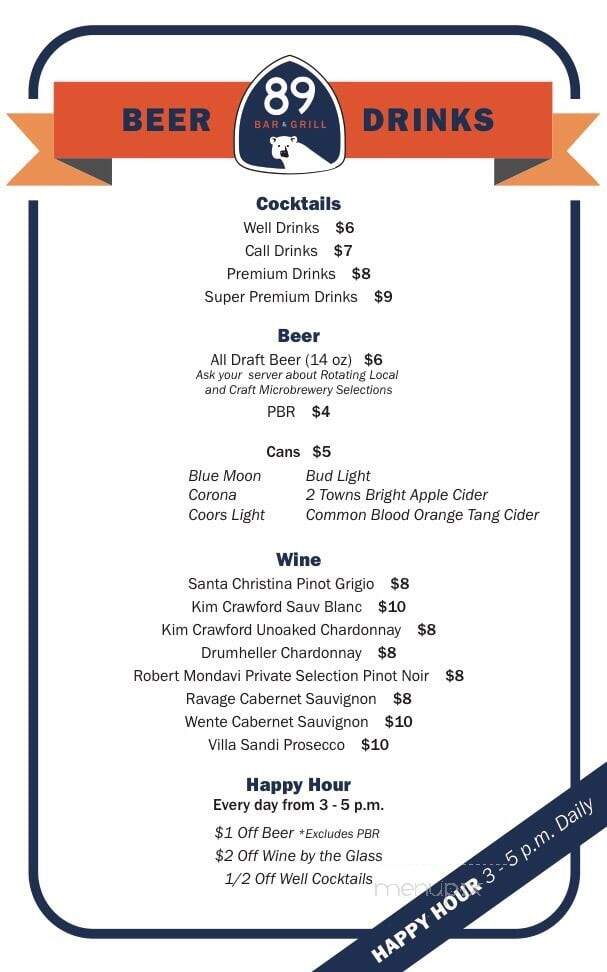 89 Bar and Grill - Homewood, CA menu_pic