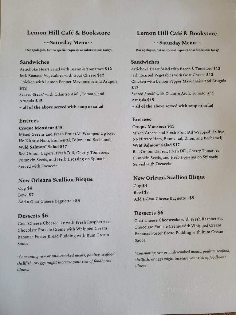 Lemon Hill Cafe & Bookstore - Montesano, WA menu_pic