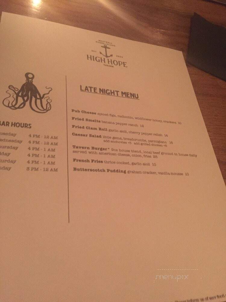 High Hope Tavern - Westerly, RI menu_pic