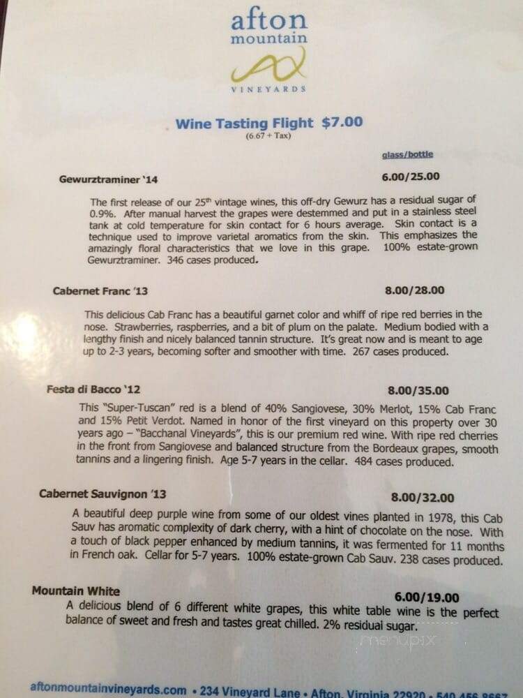 Afton Mountain Vineyards - Afton, VA menu_pic