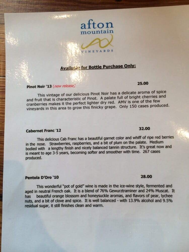 Afton Mountain Vineyards - Afton, VA menu_pic