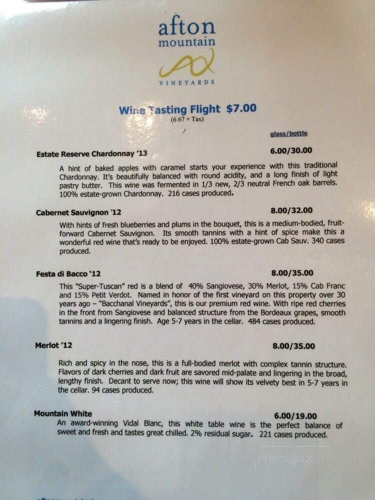 Afton Mountain Vineyards - Afton, VA menu_pic