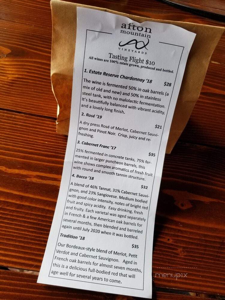 Afton Mountain Vineyards - Afton, VA menu_pic