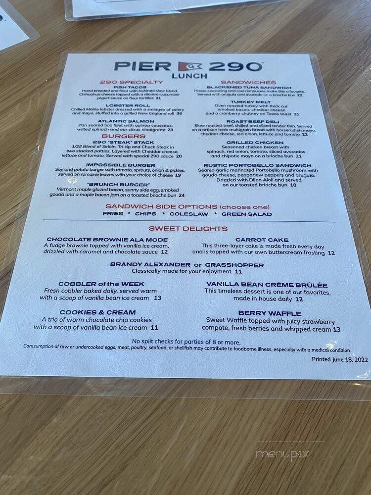 Pier 290 - Williams Bay, WI menu_pic