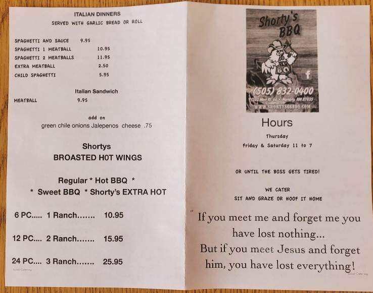 Shorty's Bar-B-Q - Moriarty, NM menu_pic