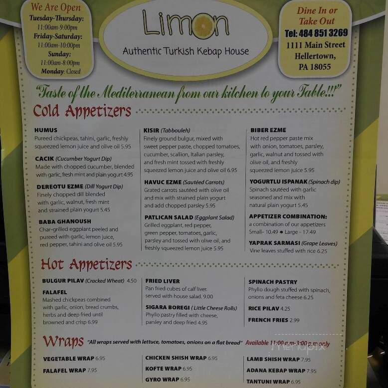 Limon Authentic Turkish Kebap House - Hellertown, PA menu_pic