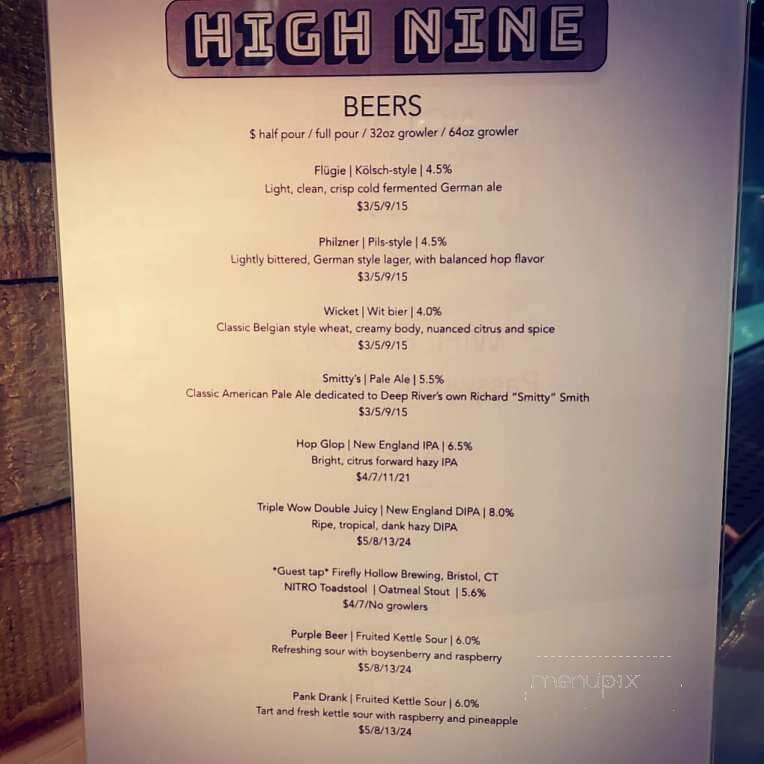 High Nine Brewing - Deep River, CT menu_pic