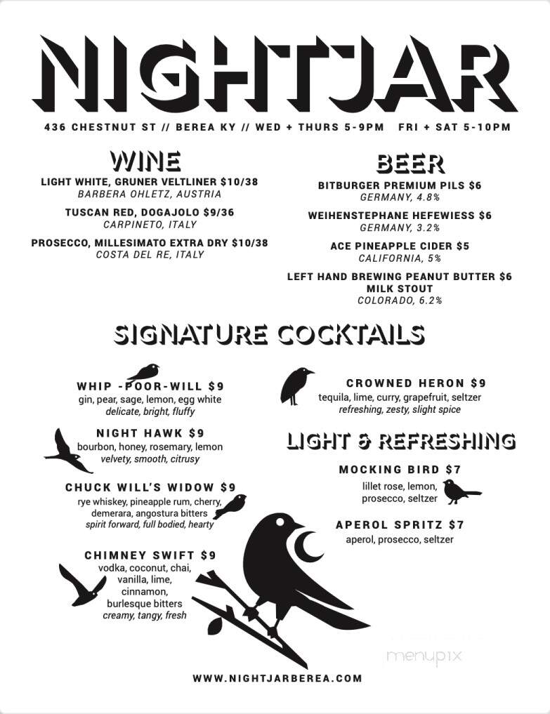 Nightjar - Berea, KY menu_pic