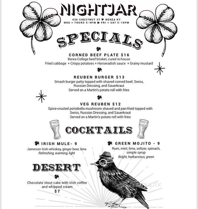 Nightjar - Berea, KY menu_pic