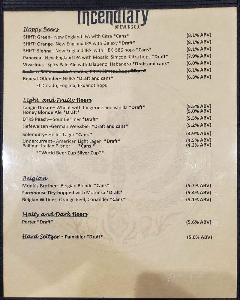 Incendiary Brewing - Lewisville, NC menu_pic