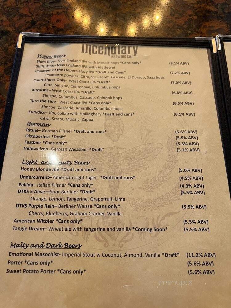Incendiary Brewing - Lewisville, NC menu_pic