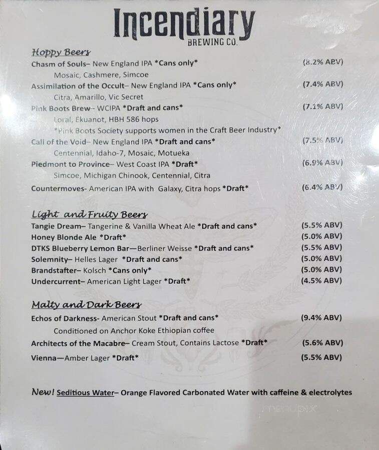 Incendiary Brewing - Lewisville, NC menu_pic